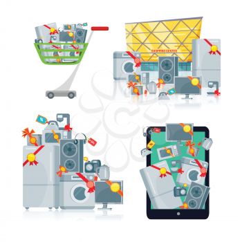 Sale in electronics store concept. Group of different home technics with labels and price tags near shopping center, in shopping trolley, on tablet screen flat vector illustration isolated on white