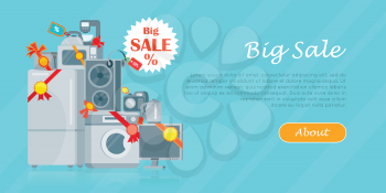 Big sale in electronics store concept. Group of different home technics with label and price tag flat vector illustrations isolated on blue background. Online shopping. For holiday discount promotion