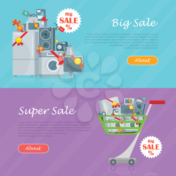 Sale in electronics store web banners set. Home appliances with discounts stickers on floor and in shopping trolley flat vector illustrations. Big sale and super sale horizontal concepts for shop ad