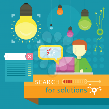 Search for solutions banner. Business strategy, performance analysis. Person working at laptop, businessman presenting development and financial planning. Creating plan, generating report. Vector