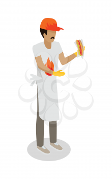 Hot dog seller with fresh cooked hotdog isolated. Street food vendor. Unhealthy food salesman. Restaurant worker. Human market seller. Shop worker, chief face. Delivery man icon. Vector illustration