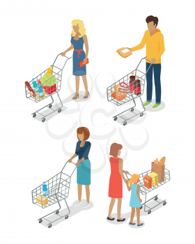 People with cart purchases set in flat design. Shop cart customer woman man buy purchase, trolley with purchase, consumer with goods, food product in cart, buyer, shopper. Vector illustration