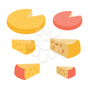 Set of different types of cheese. Varieties of cheese pieces on white background. Natural food. Dairy product. Logo illustration. Retail store element. Cheese icons set. Vector in flat style.