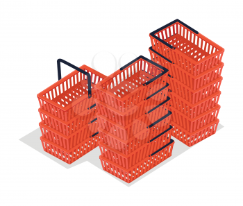 Set of shopping carts isolated on white. Trolley or buggy cart supplied by shop for transport of merchandise to the checkout counter during shopping. Red plastic shopping basket icon. Vector