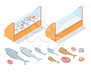 Fish products refrigerator. Natural foods of fish in fridge vector illustration. Supermarket furniture equipment isolated fish elements. Flat design. Shelves, freezer, fish assortment in fish store.