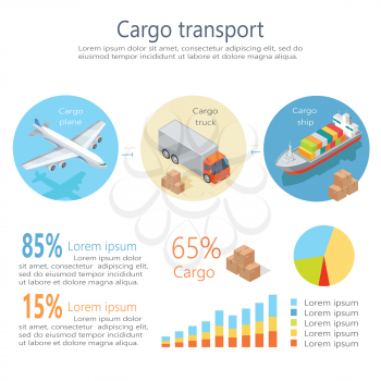 Cargo transport isometric elements. Cargo plane, truck, ship icons, percent numbers, data and sample text, color diagrams vector illustration isolated on white background. For infographics, web design