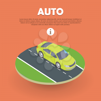 Auto on road web banner. Wheeled, self-powered motor vehicle used for transportation. Product of automotive industry. Electric car icon object logo. Auto flat style. Buy, rent car. Vector illustration