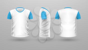 T-shirt with blue sleeve template set, front, side, back view. White color. Realistic vector in flat style. Sport clothing. Casual men wear. Cotton unisex polo outfit. Fashionable apparel.