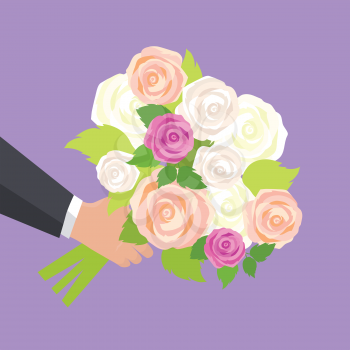 Wedding bouquet of pink, white and green roses in man hand isolated. Wedding flowers present. Bride main attribute. Romantic gentle element for wedding. Wedding decor fashion. Marriage flowers. Vector