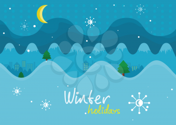 Winter holiday. Mountain landscape banner. Mountaineering mountain climbing Alpinism concept. Extreme hills in snowy high mountains. Winter holiday resort. Blue sky and crystal white snow. Vector