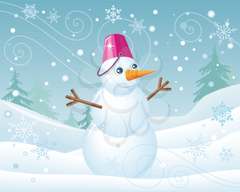 Snowman in pink bucket isolated on christmas landscape background. Winter holidays concept design. Cartoon character making xmas wonderland. Winter season scene. Vector illustration in flat style
