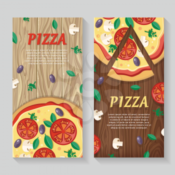 Pizza with tomatoes, olives, mushrooms and herbs in flat style isolated. Traditional italian pizza with vegetables. Illustration for pizzeria, restaurant ad, logo design, delivery service. Vector