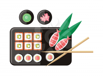 Japanese food illustration in flat style. Japan sushi with wasabi and ginger. Restaurant asian food, rice and seafood, fish sushi, asia dinner, fresh sushi and chopstick, oriental lunch logo. Vector