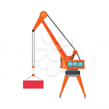 Industrial crane loading container. Cargo crane icon. Container terminal element. Large industrial crane for cargo container. Logistics and transportation of cargo. Isolated object on white background