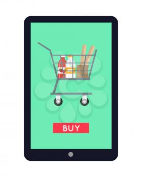 Online shopping in grocery store concept vector. Flat design. Illustration of  food and drinks in shopping cart on tablet screen with buy button. Buying and ordering food and culinary in internet. 