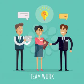 Team work concept vector in flat style design. Peoples in suits discuss conceptual idea as light bulb with gears. Illustration of business characters, work process, brainstorm infographics.