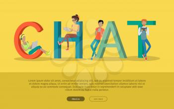 Chat concept web banner. Flat style vector. Communication in Internet. People characters with laptops, tablets and mobile phones interact online. For dating site, social network landing page design