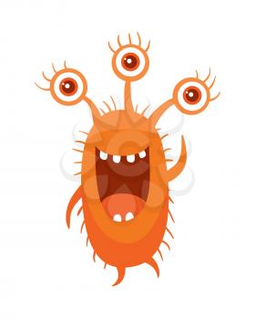 Monster with three eyes. Cartoon orange smiling germ. Character with big eyes. Microorganism bacteria with tooth, hands, open mouth. Vector funny illustration in flat design. Friendly virus. Microbe