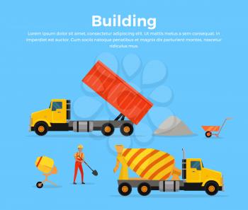 Building conceptual banner. Set of trucking cars. Transportation materials illustration for advertise, infographic, web design. Construction tipper, mixer truck, worker, wheelbarrow, concrete mixer.