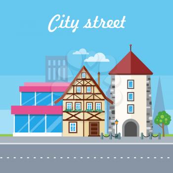 City street vector illustration. Urban city landscape at daytime. Building architecture in unusual fashionable design. Modern town with extraordinary buildings. Metropolis panorama. Flat style design
