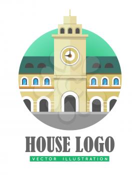 House logo vector illustration web button icon sign symbol. Building with clock. Three storey building with windows in arc form. Tower with big clock in center of building. Flat style logo in circle
