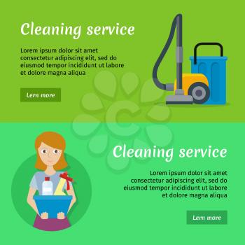 Set of cleaning service banners with cleaning equipment. Woman holds blue basin with cleaning products. House cleaning service, professional office cleaning, home cleaning. Horizontal website template