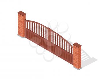 Metal gate vector icon. Steel car entry with brick pillars isometric projection vector illustration isolated on white background. For gaming environment, architecture element, app design