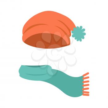 Hat. Modern big and long winter orange hat and green scarf with many lined edges. Knitted winter head clothing. Icons with contemporary headwearings. White background. Flat design. Vector illustration