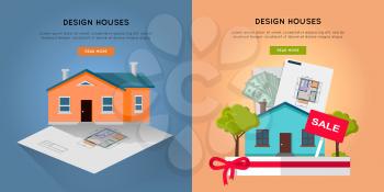 Set of design houses vector conceptual web banners. Flat style. Designing and buying a new place for living.  Illustration for real estate, building, engineering company web page design, advertising