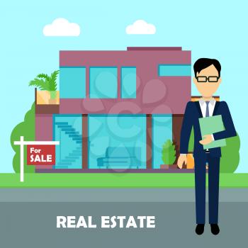 Real estate concept vector. Flat design. Realtor with documents standing near modern house on sale. Buying a new place for living. Illustration for real estate company advertising, housing concepts.