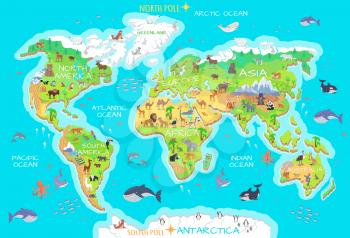 World geographical map with flora and fauna. Animals of land, oceans. North and South America, Europe, Asia, Australia, Africa, Antarctica. Vector illustration. Pacific, Atlantic Indian Arctic Ocean