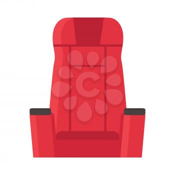 Cinema red velvet chair isolated on white. Armchair in flat style design. Movie tool concept. Cinema icon chair product vector illustration. Web movie entertainment. Opera theatre seat. Seating place