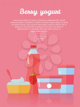 Berry yogurt banner. Milk production. Yogurt with berries and blueberries. Different dairy products from milk on red background. Assortment of dairy products. Farm food. Dairy website template.
