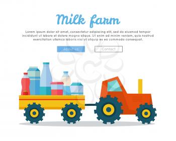 Milk farm concept banner vector flat design. Tractor driven truck with dairy products. Organic farming, traditional products. Clean naturally produced food. Vector illustration in flat style
