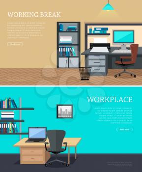 Set of workplace and working break horizontal web banners in flat style. Bright office interior design with modern furniture, plants and urban view from window. Comfortable place for work and rest.