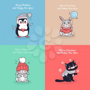 Merry Christmas and Happy New Year posters set. Little rabbits in hat, mouse in sweater, funny cat, penguins. Cartoon creatures wearing warm cloth. Winter season holidays. Greeting cards in flat style