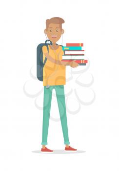 Student with pile of books isolated. Young man student in earphones with rucksack in flat style. Boy holding heap of books. Reading student. Smiling man study. Self education. Vector illustration