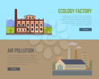 Ecology factory and air pollution plant banners. Eco factory in clean picturesque place and industrial factory in polluted city with smog, environmental problems. Destroying nature. Vector illustration