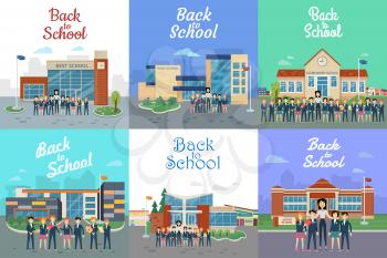 Icons with school types. Teacher and students. Collection of pictures with different kinds of modern educational institutions. Elementary, secondary, high, upper, best schools. Vector illustration