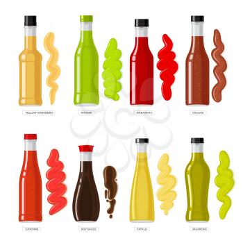 Set of sauces. Different bottles of dressings. Various shape and size of bottles. Yellow, red habanero. Wasabi. Chipotle. Cayenne. Soy sauce. Fatalii. Jalapeno. White background Vector illustration