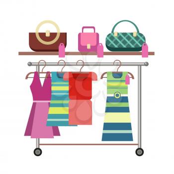 Hanger and shelf with female clothes and accessories. Female clothing store illustration. People shopping, marketing people, customer in mall, retail store illustration. Isolated object on white