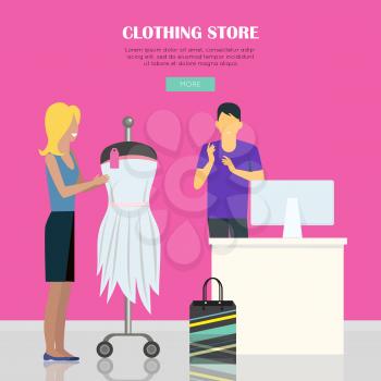 Clothing store illustration. Woman make her purchases in clothing shop. Female clothing store illustration. Man behind counter of store. People shopping, marketing people. Website template.