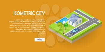 Isometric city vector web banner. Isometric projection. Horizontal illustration on orange background with fragment of street with road crossing, house, trees, lawn, lantern, car. For design studio ad