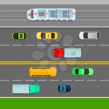 Traffic flows on left side of road. Two way lane. Truck, trolleybus bus car, taxi on the road. Auto transport banner. Transportation system. Structural road design. Line markings. Vector Illustration