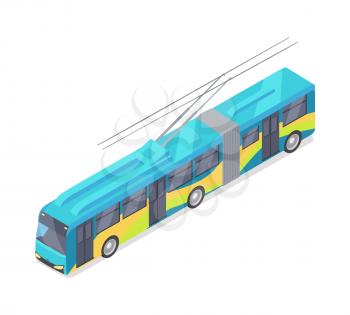 Trolleybus isometric projection icon. Blue trolley vector illustration isolated on white background. City ecological electric transport. For game environment, transport infographics, logo, web design