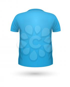 T-shirt template, back view. Blue color. Realistic vector illustration in flat style. Sport clothing. Casual men wear. Cotton unisex polo outfit. Fashionable apparel.