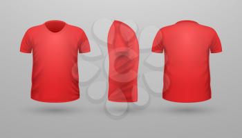 T-shirt template set, front, side, back view. Red color. Realistic vector illustration in flat style. Sport clothing. Casual men wear. Cotton unisex polo outfit. Fashionable apparel.