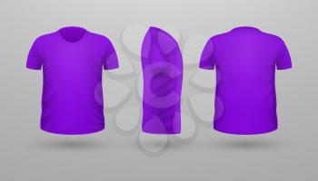 T-shirt template set, front, side, back view. Lilac color. Realistic vector illustration in flat style. Sport clothing. Casual men wear. Cotton unisex polo outfit. Fashionable apparel.