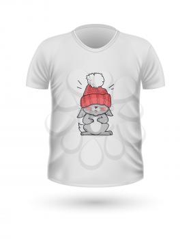 T-shirt front view with animals isolated on white. Realistic t-shirt vector in flat. Cartoon character rabbit in winter cloth. Casual wear. Cotton unisex polo outfit. Fashionable apparel