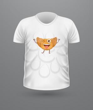 T-shirt front view with food isolated. Realistic t-shirt vector in flat. Ice cream characters boy and girl, doughnut, croissant. Casual wear. Cotton unisex polo outfit. Fashionable apparel